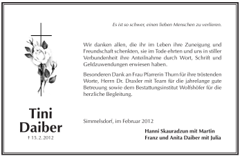 Traueranzeige von Tini Daiber von Pegnitz-Zeitung